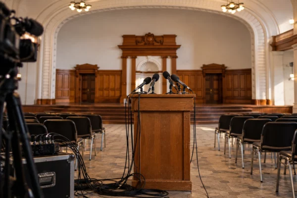 Pupitre en bois équipé de microphones et de câbles devant des chaises, dans une salle de réunion aux boiseries patinées.
