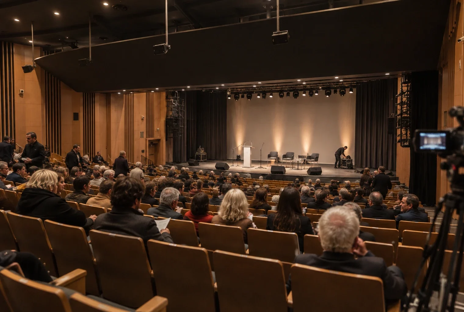 Une salle de meeting politique avec rangées de chaises usées, estrade, microphones et câbles devant un mur neutre.