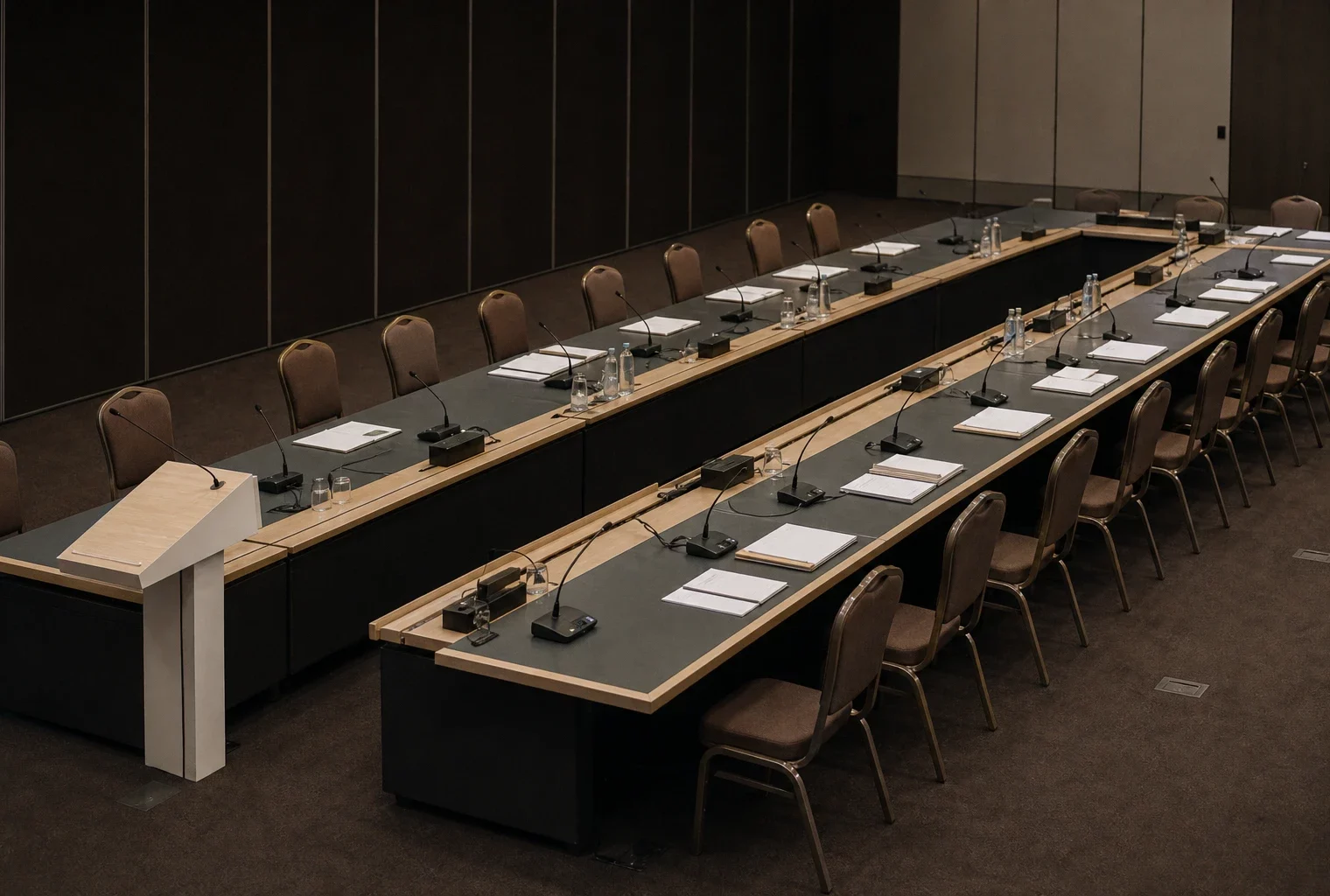 Salle de réunion institutionnelle en Belgique, tables de Conseil alignées, micros, dossiers neutres et écrans éteints sous une lumière douce.