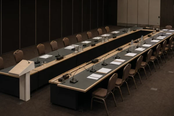 Salle de réunion institutionnelle en Belgique, tables de Conseil alignées, micros, dossiers neutres et écrans éteints sous une lumière douce.