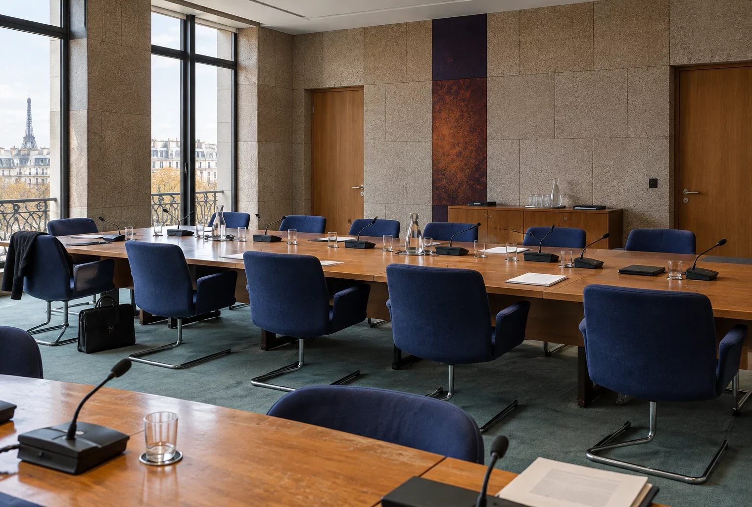 Salle de réunion institutionnelle avec table de conférence, chaises et microphones, dans un décor sobre aux murs de pierre et boiseries.