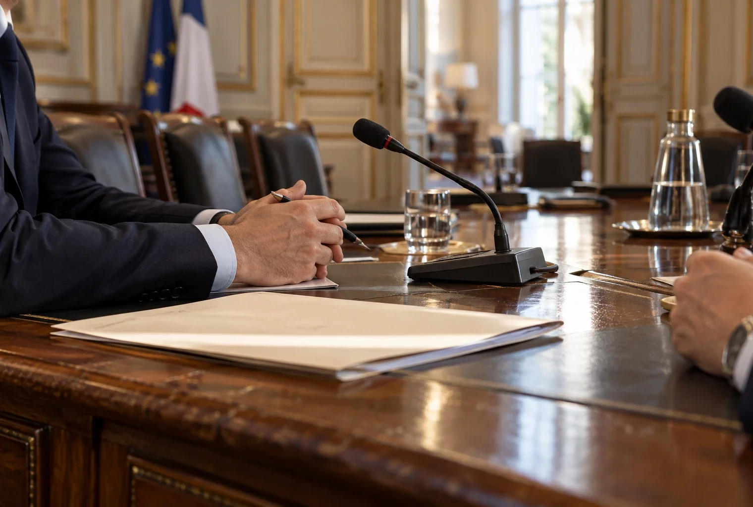 Des mains près d’un microphone et d’un dossier fermé sur une table de réunion, dans un intérieur institutionnel ensoleillé.