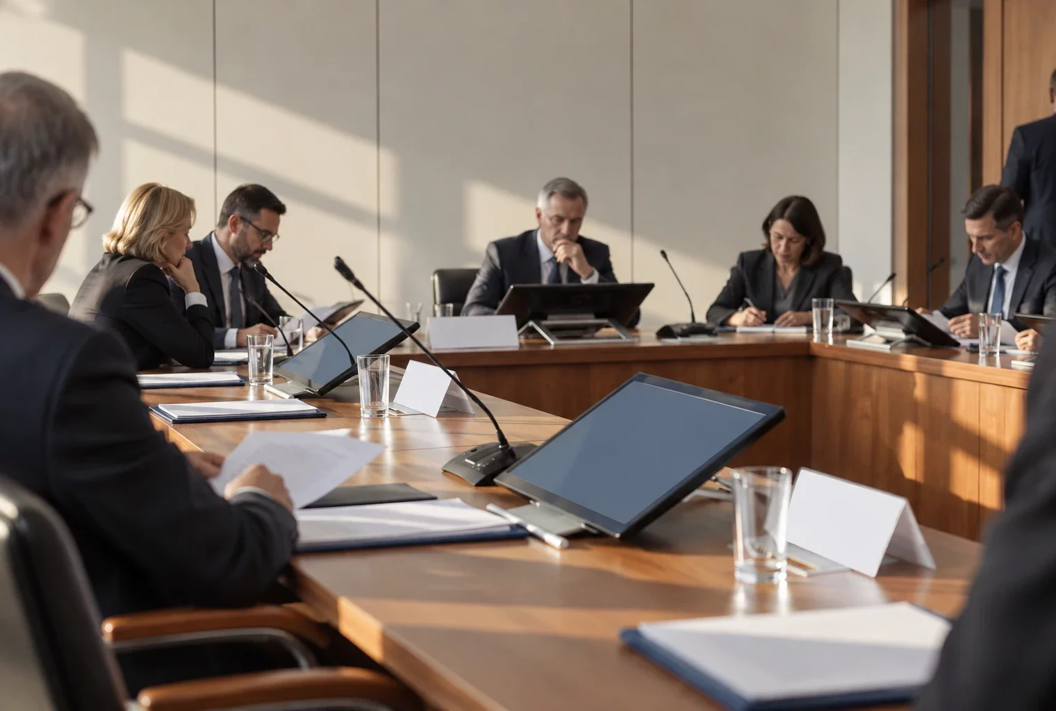 Des responsables politiques réunis autour d’une longue table en bois, équipée de microphones et de dossiers dans une salle sobre.