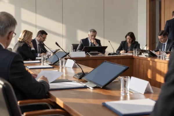 Des responsables politiques réunis autour d’une longue table en bois, équipée de microphones et de dossiers dans une salle sobre.