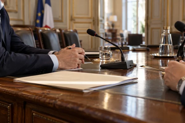 Des mains près d’un microphone et d’un dossier fermé sur une table de réunion, dans un intérieur institutionnel ensoleillé.