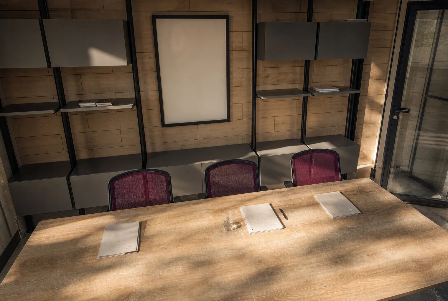 Salle de réunion ministérielle vide avec table marquée par l’usage, dossiers neutres, chaises alignées et écran éteint.