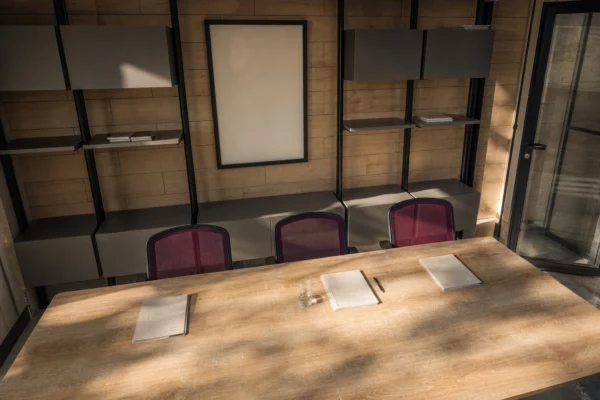 Salle de réunion ministérielle vide avec table marquée par l’usage, dossiers neutres, chaises alignées et écran éteint.