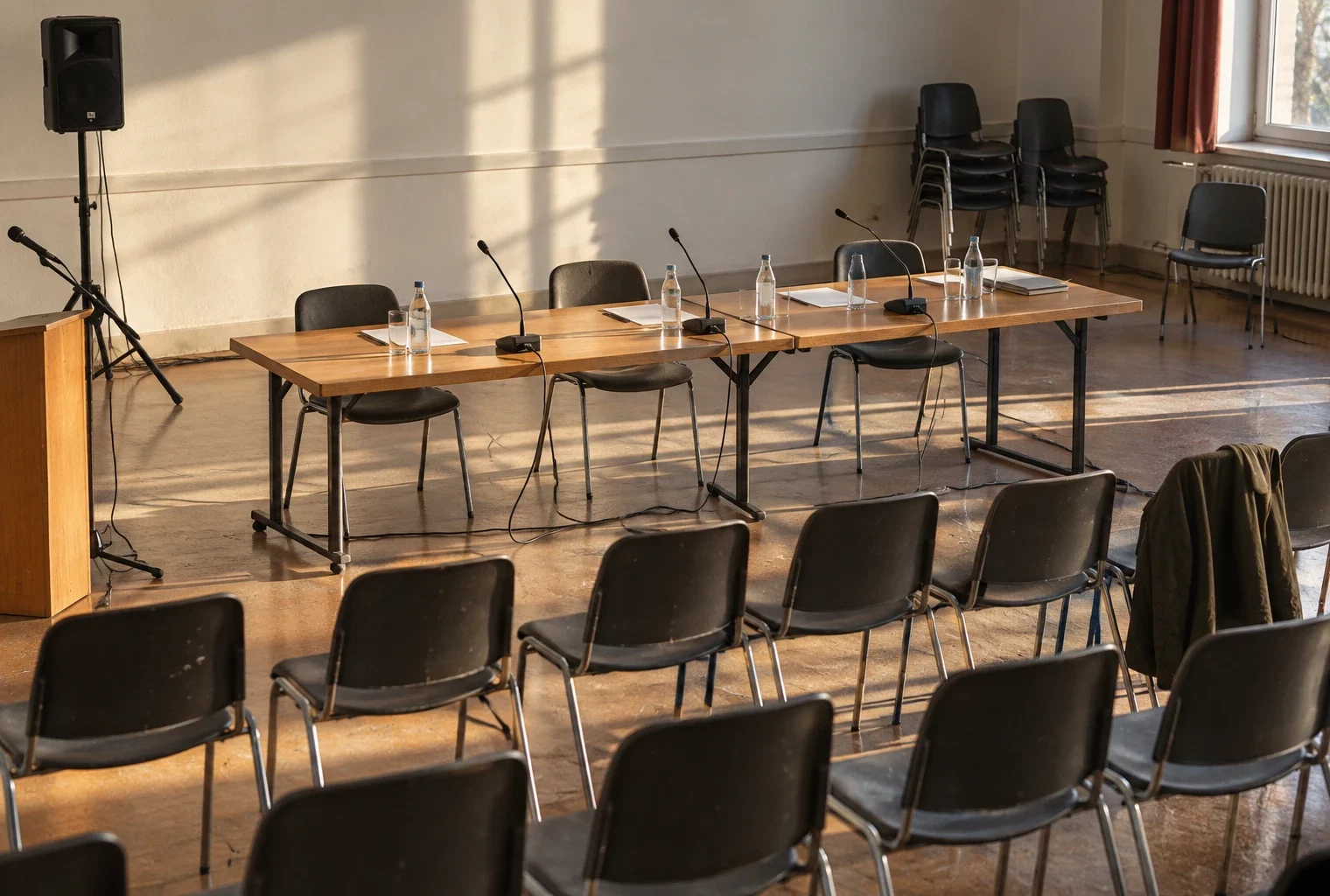 Salle municipale préparée pour une réunion politique, avec chaises, table, micros et bouteilles d’eau dans la lumière d’hiver.
