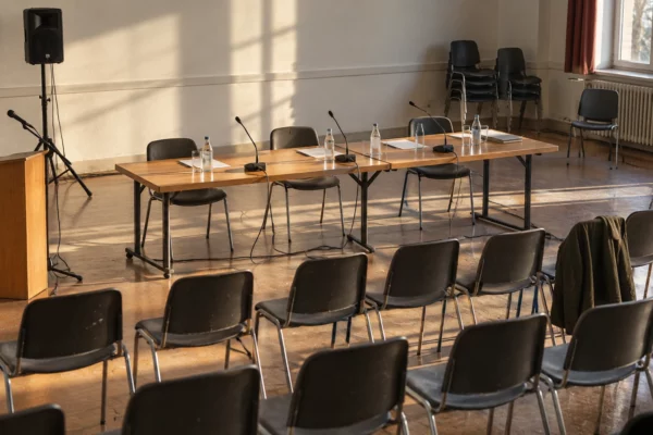 Salle municipale préparée pour une réunion politique, avec chaises, table, micros et bouteilles d’eau dans la lumière d’hiver.