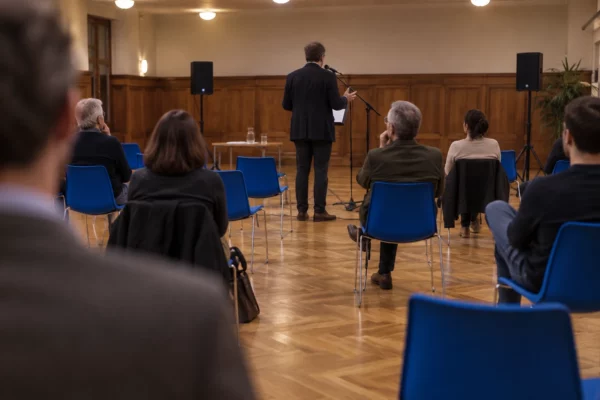 Microphone et enceintes installés devant des rangées de chaises bleues dans une salle municipale prête pour une réunion politique.