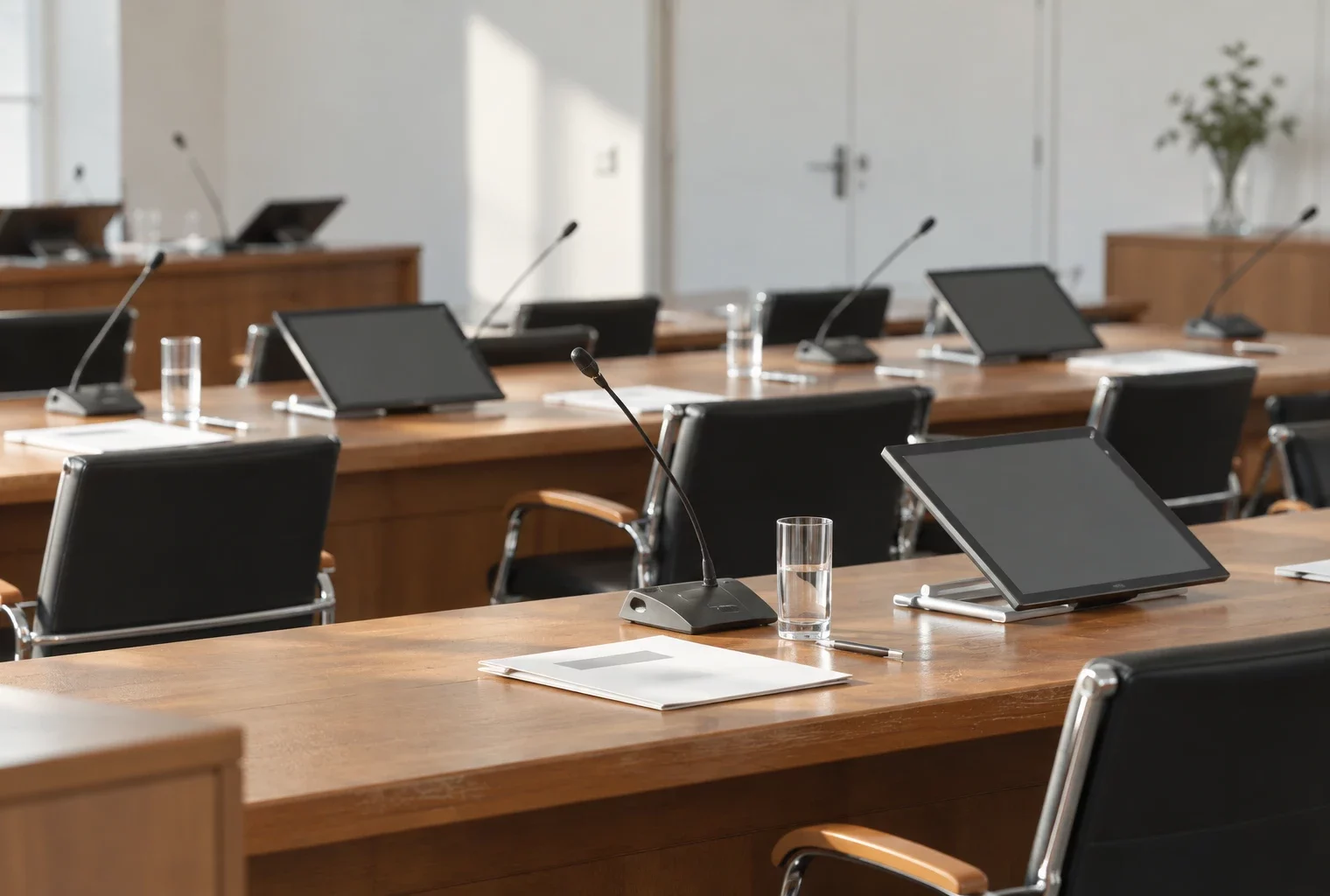 Salle de réunion aménagée pour un séminaire, avec pupitres en bois, microphones, sièges en rangées et dossiers sur les tables.