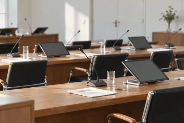 Salle de réunion aménagée pour un séminaire, avec pupitres en bois, microphones, sièges en rangées et dossiers sur les tables.