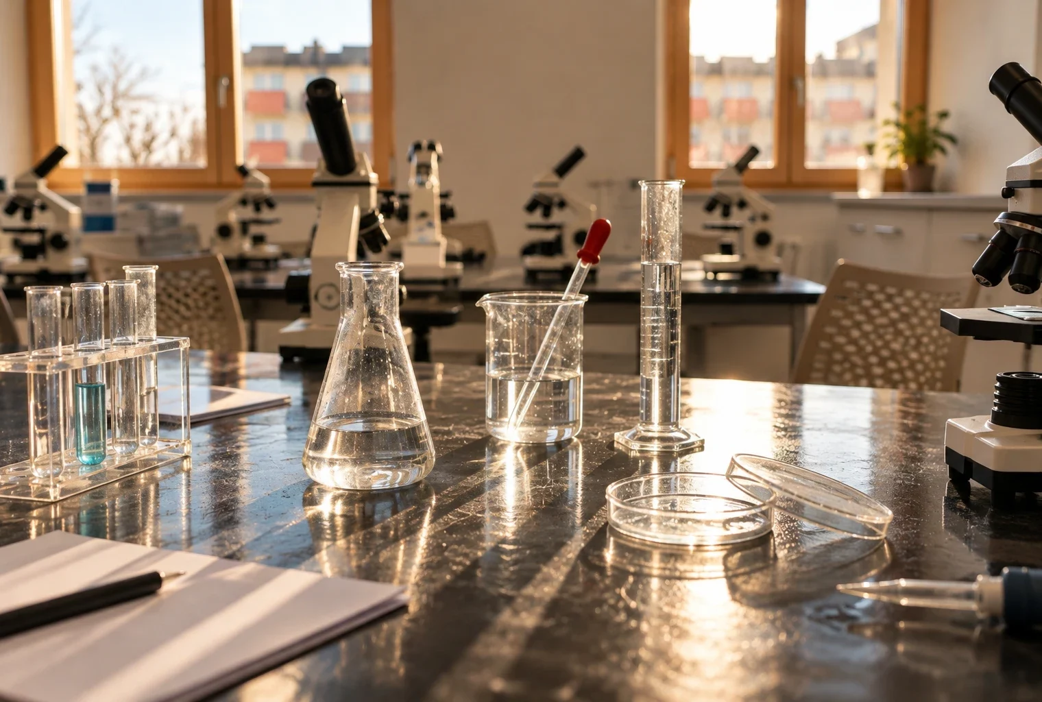 Verrerie et instruments de mesure sur une paillasse usée, au premier plan d’une salle de sciences de lycée équipée de microscopes.