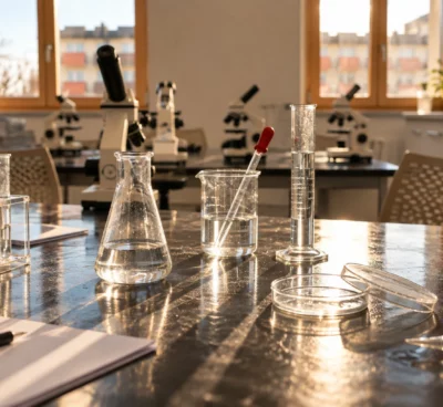 Verrerie et instruments de mesure sur une paillasse usée, au premier plan d’une salle de sciences de lycée équipée de microscopes.