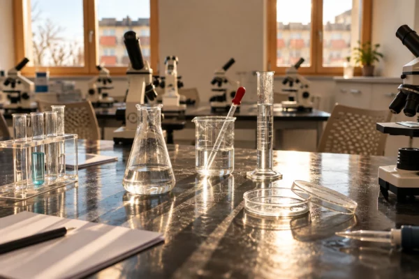 Verrerie et instruments de mesure sur une paillasse usée, au premier plan d’une salle de sciences de lycée équipée de microscopes.