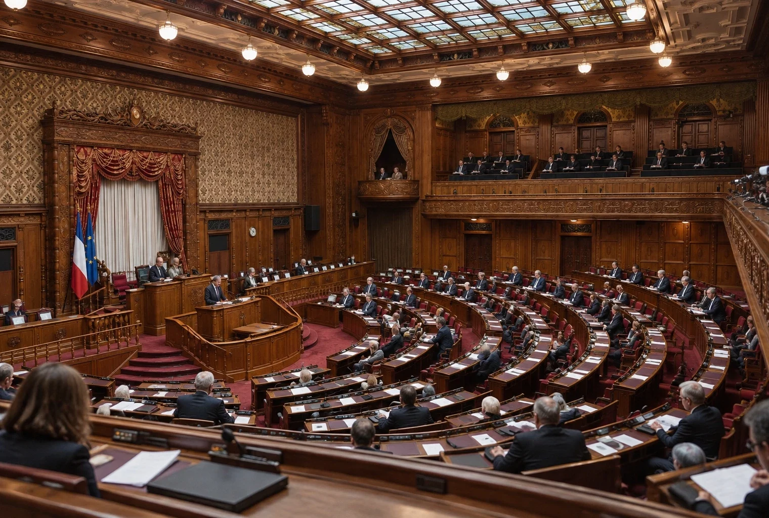 Salle parlementaire aux boiseries sculptées, pupitres équipés de microphones et consoles de vote devant les gradins.
