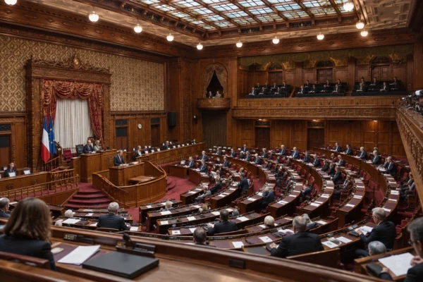 Salle parlementaire aux boiseries sculptées, pupitres équipés de microphones et consoles de vote devant les gradins.