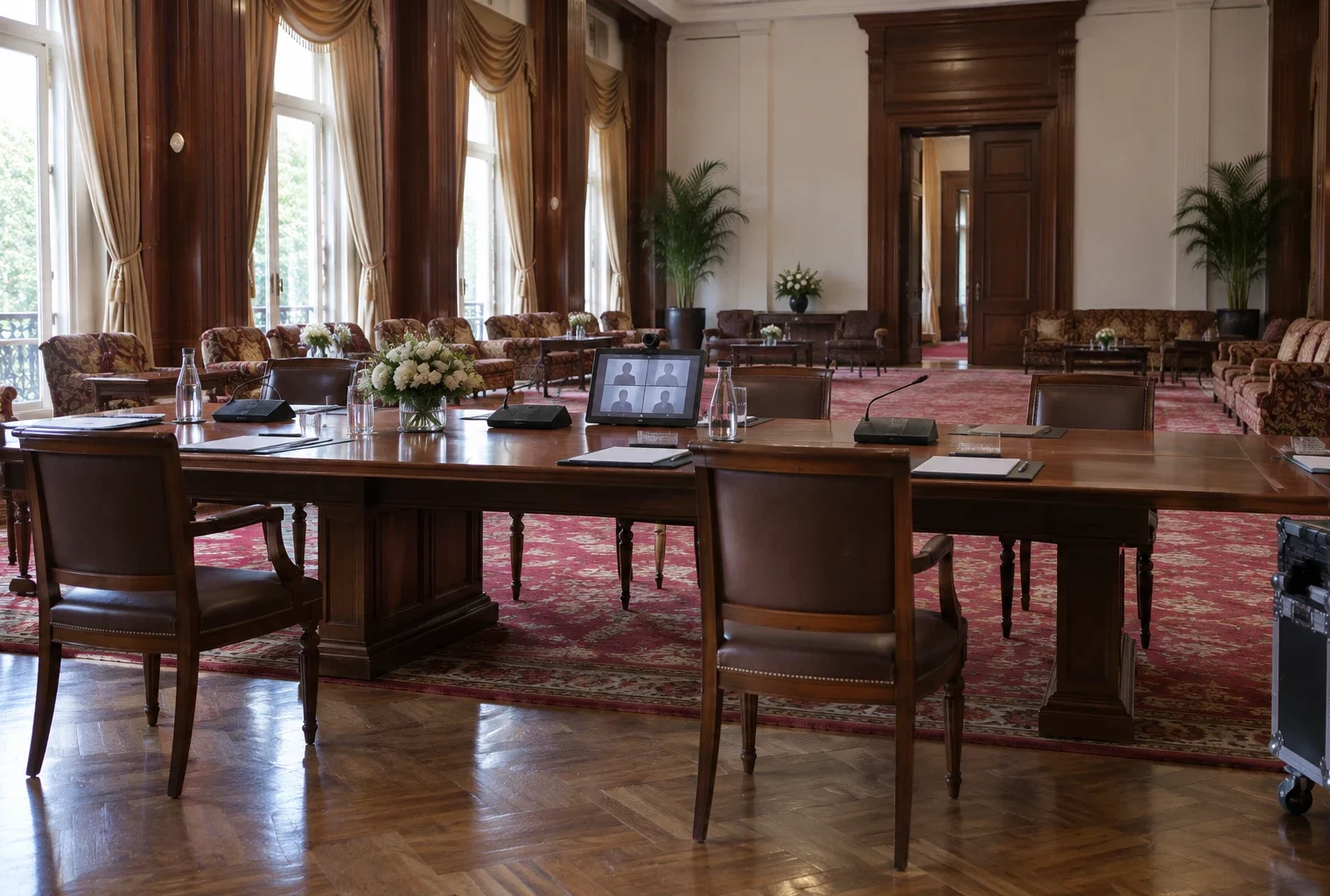 Salle de réception institutionnelle aménagée pour une réunion, avec longue table, fauteuils, boiseries et équipement de visioconférence.