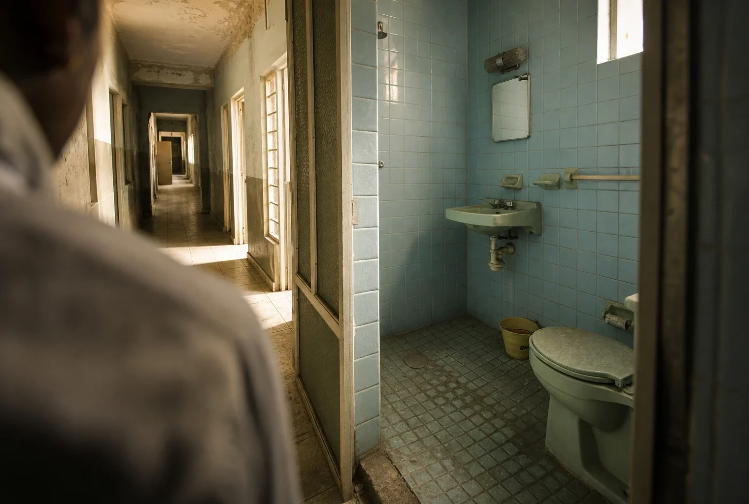 Sanitaires vétustes d’un lycée public, carrelage abîmé, lavabo usé et couloir scolaire en arrière-plan.