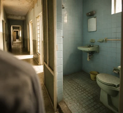 Sanitaires vétustes d’un lycée public, carrelage abîmé, lavabo usé et couloir scolaire en arrière-plan.