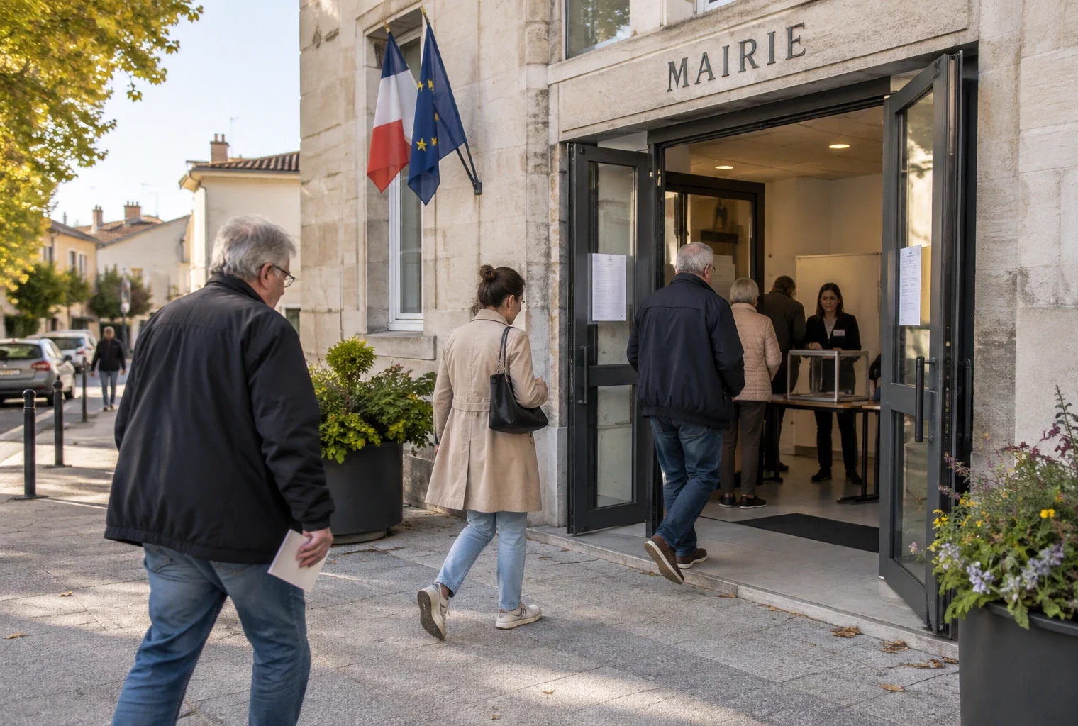 Des habitants anonymes passent devant un bureau de vote installé dans une mairie de Saint-Fons, sous une lumière naturelle claire.