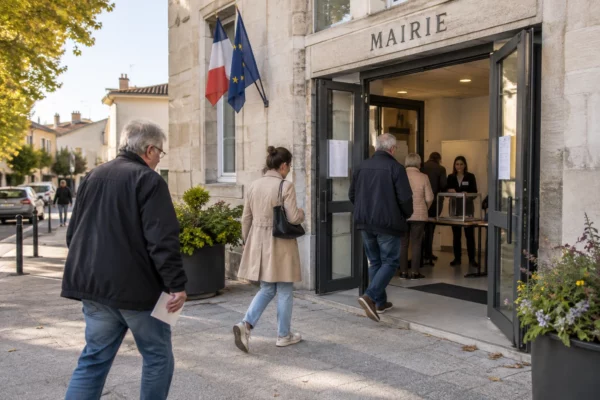 Des habitants anonymes passent devant un bureau de vote installé dans une mairie de Saint-Fons, sous une lumière naturelle claire.