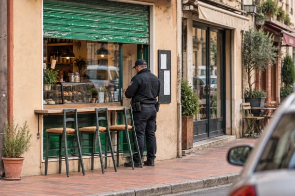 Un agent de sécurité se tient devant la vitrine protégée d’un commerce, sous un rideau métallique relevé, dans une rue commerçante.
