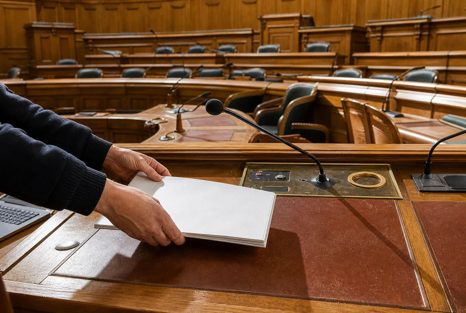 Main des sénateurs sur un pupitre en bois dans l’hémicycle du Sénat, avec micros et gradins en arrière-plan.