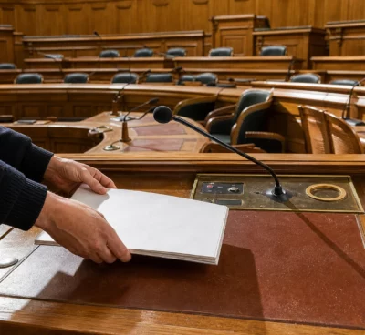Main des sénateurs sur un pupitre en bois dans l’hémicycle du Sénat, avec micros et gradins en arrière-plan.