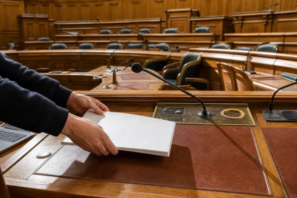 Main des sénateurs sur un pupitre en bois dans l’hémicycle du Sénat, avec micros et gradins en arrière-plan.