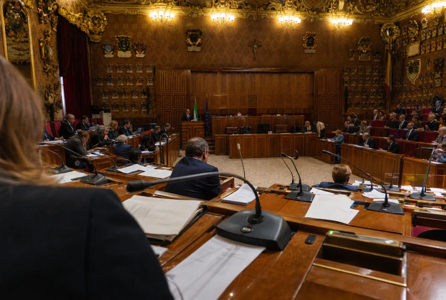 Hémicycle du Sénat vu en plongée douce, rangées de pupitres au premier plan et boiseries chaleureuses au fond.