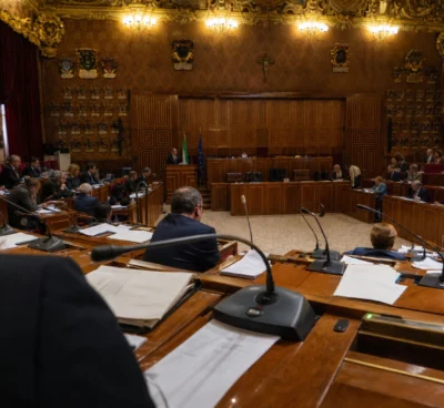 Hémicycle du Sénat vu en plongée douce, rangées de pupitres au premier plan et boiseries chaleureuses au fond.