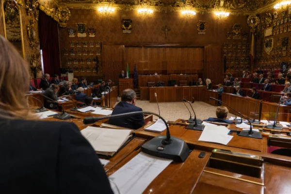 Hémicycle du Sénat vu en plongée douce, rangées de pupitres au premier plan et boiseries chaleureuses au fond.