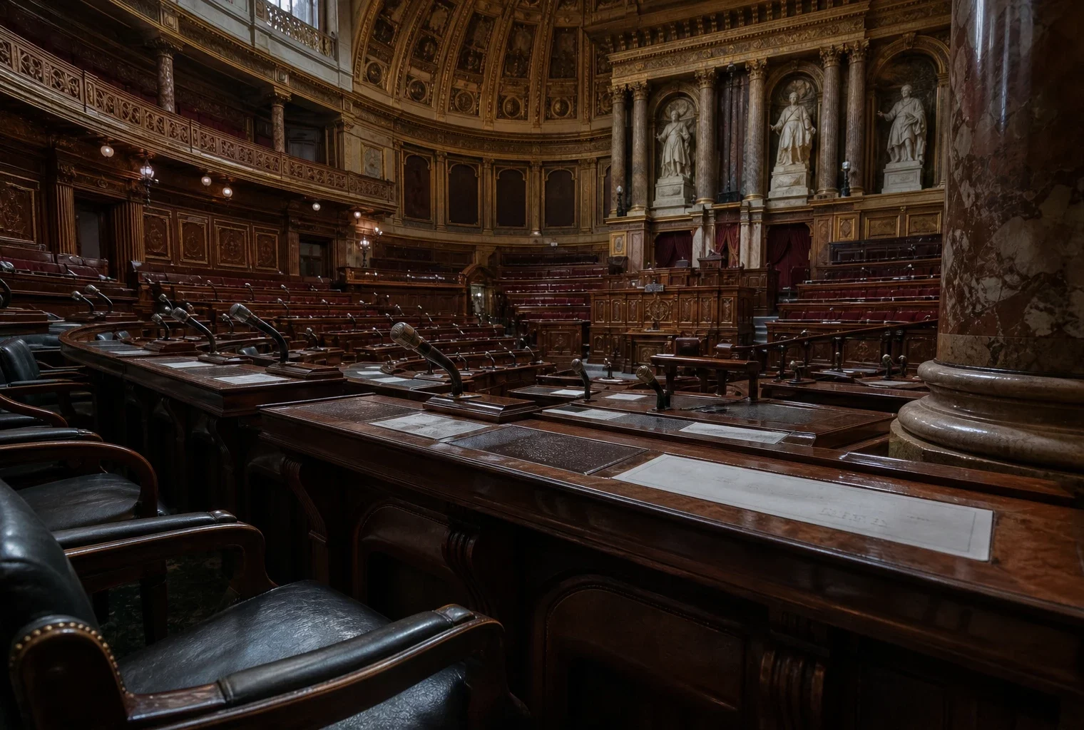 Vue large de l’hémicycle du Sénat vide, avec pupitres, micros et sièges en bois sous une lumière grise pluvieuse.