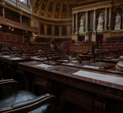 Vue large de l’hémicycle du Sénat vide, avec pupitres, micros et sièges en bois sous une lumière grise pluvieuse.