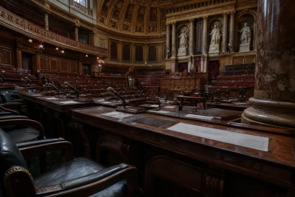 Vue large de l’hémicycle du Sénat vide, avec pupitres, micros et sièges en bois sous une lumière grise pluvieuse.
