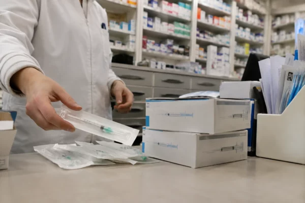 Boîtes de seringues médicales scellées sur un comptoir de pharmacie, avec des tiroirs de rangement visibles en arrière-plan.