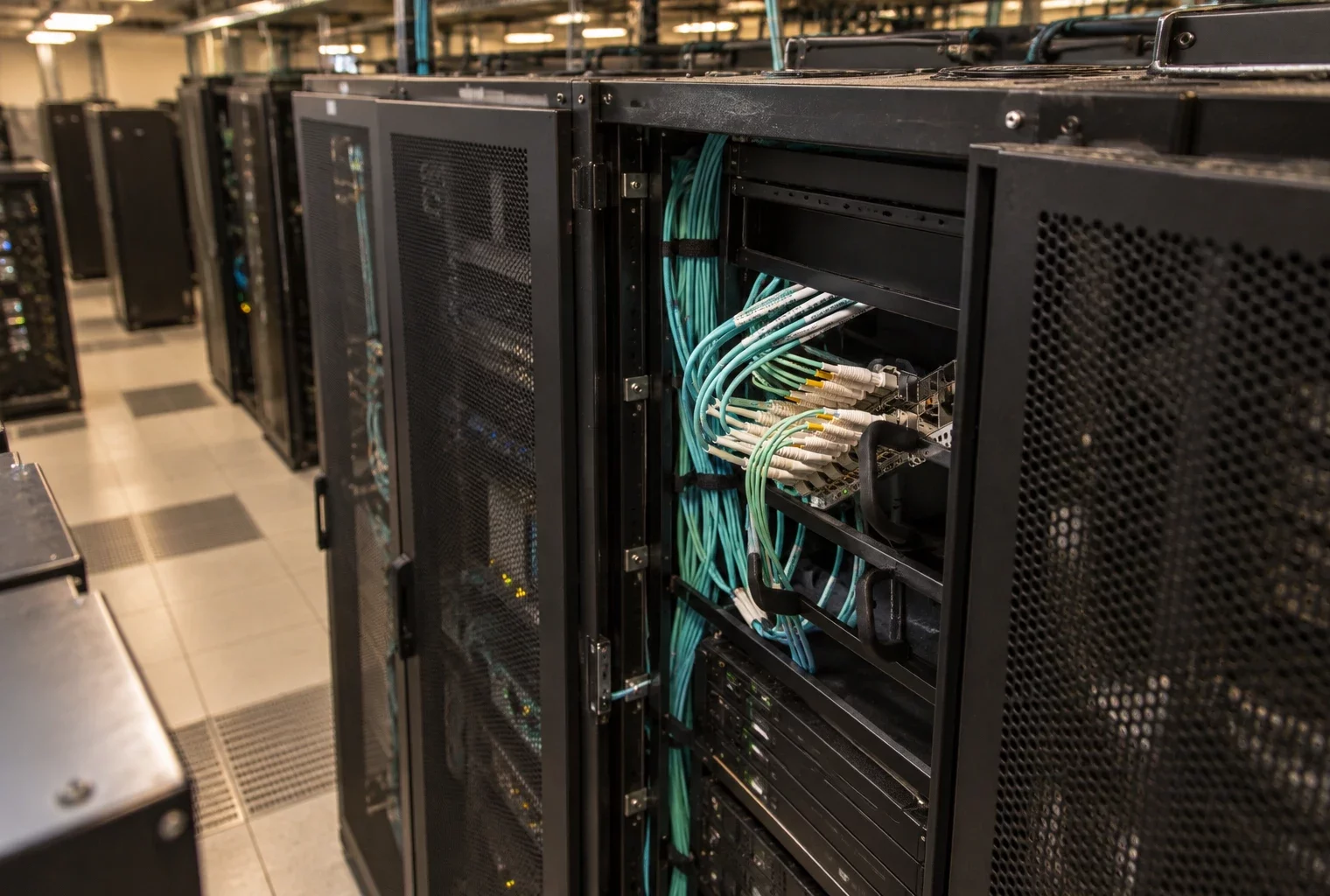 Des câbles réseau turquoise raccordés à des baies de serveurs dans une salle informatique, avec d’autres rangées en arrière-plan.