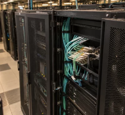 Des câbles réseau turquoise raccordés à des baies de serveurs dans une salle informatique, avec d’autres rangées en arrière-plan.