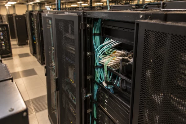 Des câbles réseau turquoise raccordés à des baies de serveurs dans une salle informatique, avec d’autres rangées en arrière-plan.