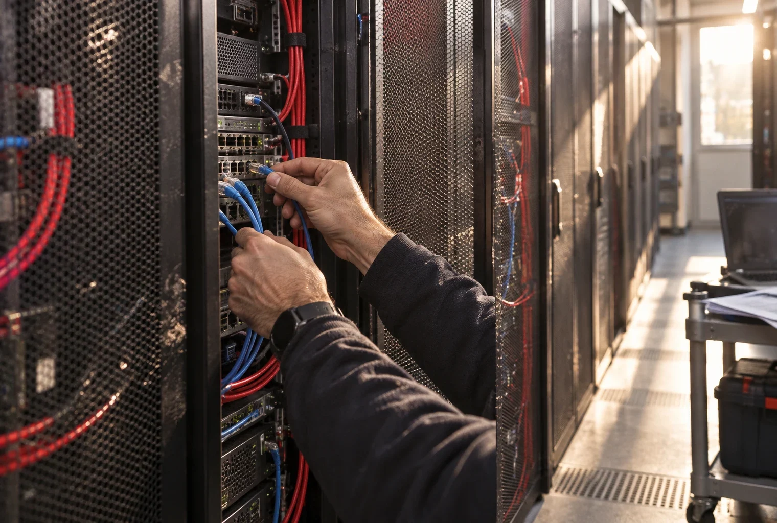 Dans une salle de serveurs, les mains d’un technicien connectent un câble réseau à une baie informatique.