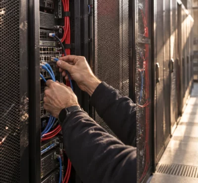 Dans une salle de serveurs, les mains d’un technicien connectent un câble réseau à une baie informatique.