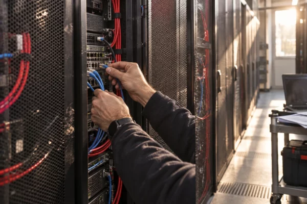 Dans une salle de serveurs, les mains d’un technicien connectent un câble réseau à une baie informatique.