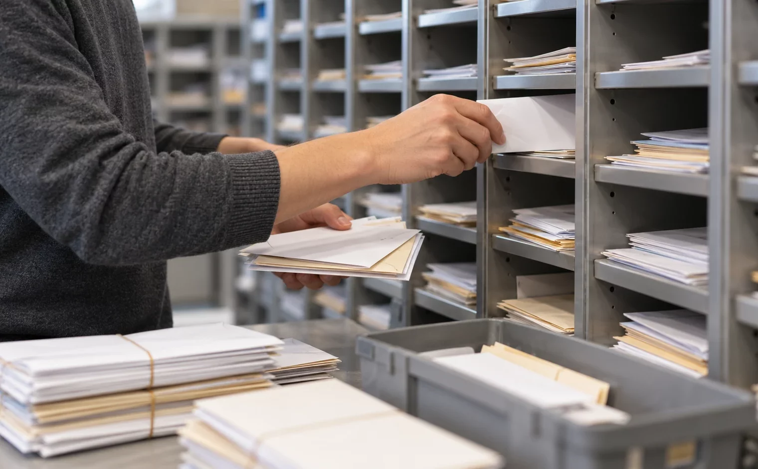 Une personne en pull gris classe une enveloppe dans un casier métallique, entourée de piles de courrier et de lettres.