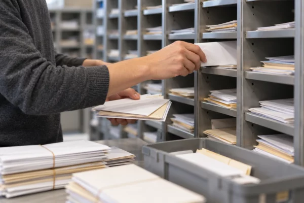 Une personne en pull gris classe une enveloppe dans un casier métallique, entourée de piles de courrier et de lettres.