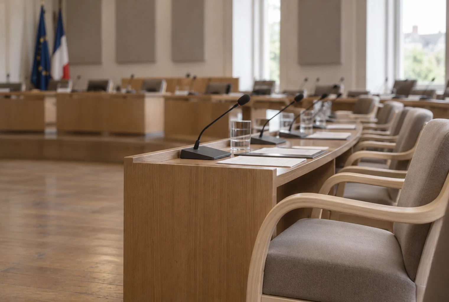 Dans une salle de conseil municipal, des sièges et pupitres équipés de microphones se succèdent sur un parquet usé.