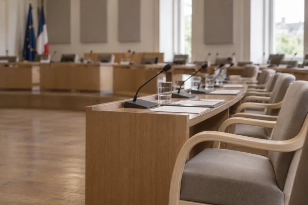 Dans une salle de conseil municipal, des sièges et pupitres équipés de microphones se succèdent sur un parquet usé.