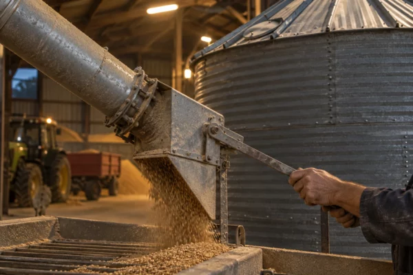 Dans un silo agricole, les mains d’un ouvrier ajustent un levier près des conduites de manutention, sous une lumière chaude.