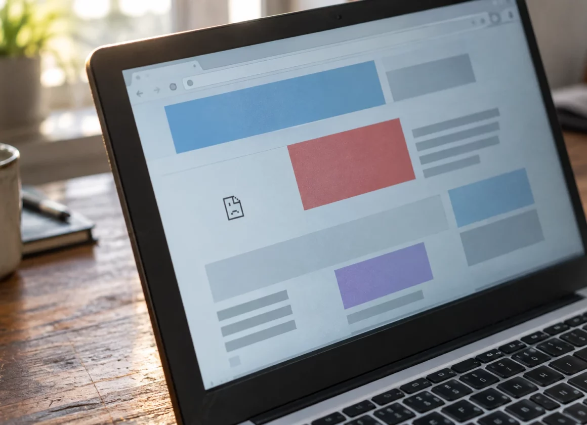Écran d’ordinateur affichant une interface web aux blocs déplacés sur un bureau en bois, avec clavier et matériel informatique.
