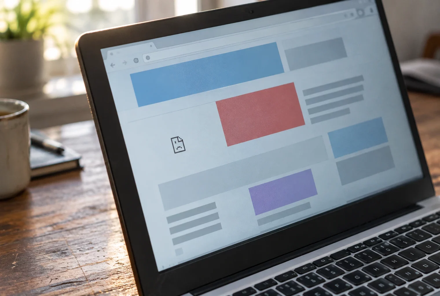 Écran d’ordinateur affichant une interface web aux blocs déplacés sur un bureau en bois, avec clavier et matériel informatique.
